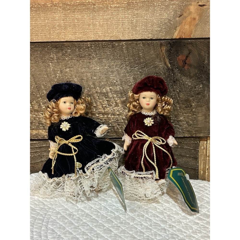 Vintage Porcelain Doll Velvet Lace Dress Beret Hat Curly Hair Pearls